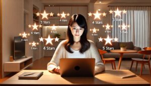 パソコンで口コミサイトの評判、評価を調べる女性