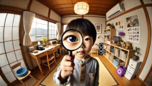 見極め、見分ける、虫眼鏡を持ち観察する様子