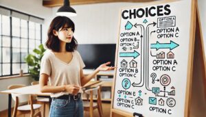選択肢や、方法、手段、やり方についてホワイトボードに書かれたリストで説明をする女性
