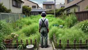 雑草が生い茂った庭を見てうんざりする女性、草むしり、草刈り