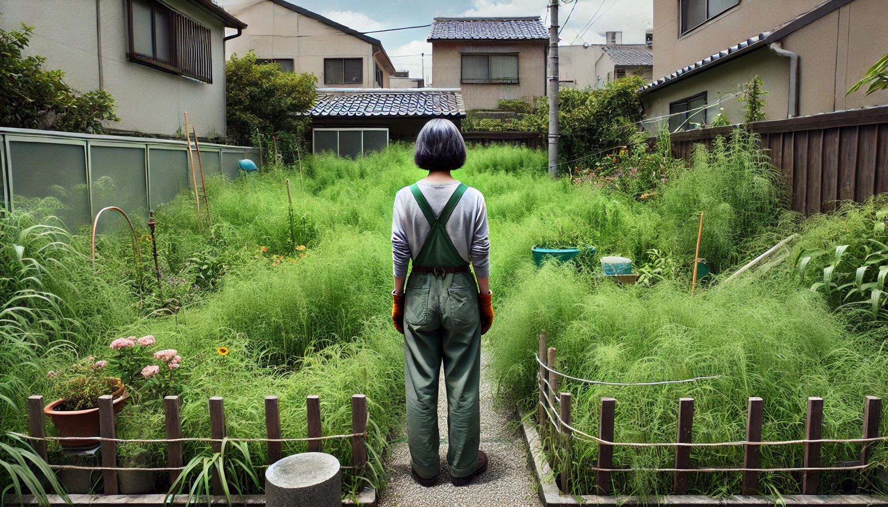 雑草が生い茂った庭を見てうんざりする女性、草むしり、草刈り
