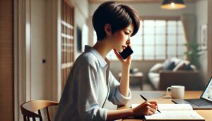 電話をする女性、問合せ