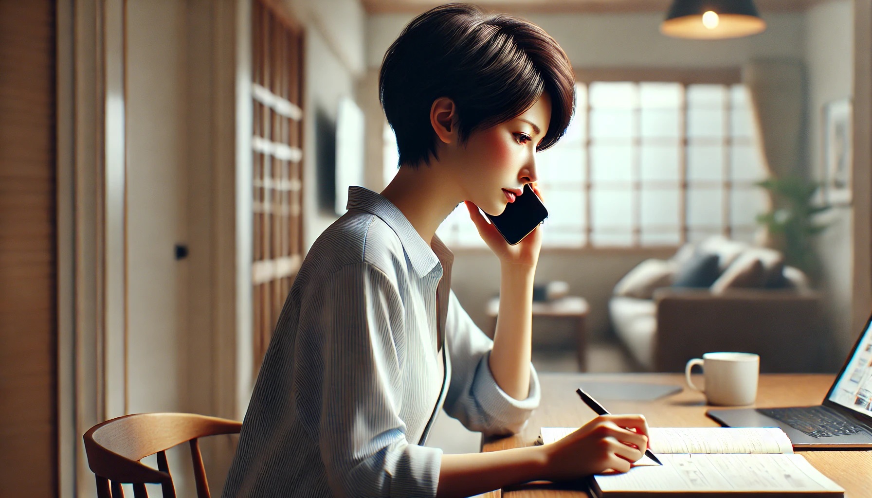 電話をする女性、問合せ