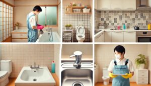 ハウスクリーニング業者、風呂、台所、トイレなどの水回りの掃除をする作業員