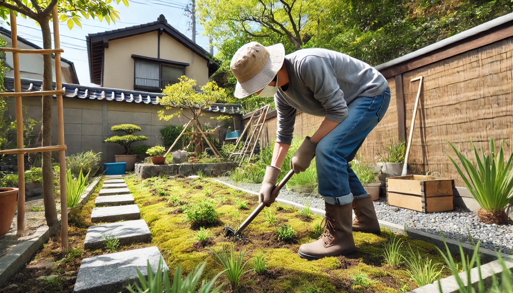 庭の雑草を手入れする男性