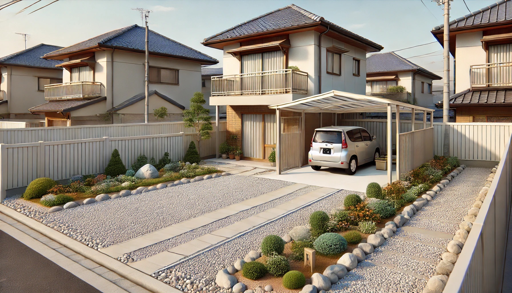 砂利敷き、戸建ての家の庭、車が置かれたカーポート